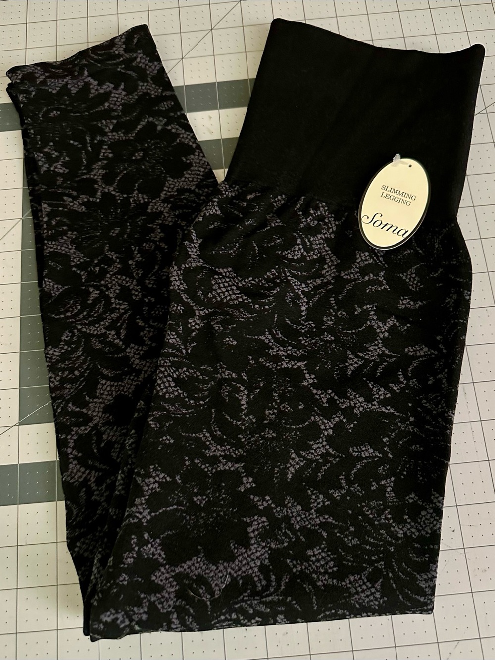 Soma Black Leggings with Subtle Gray Floral Pattern